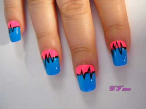 Blue And Pink Nails With Heartbeat Nail Art