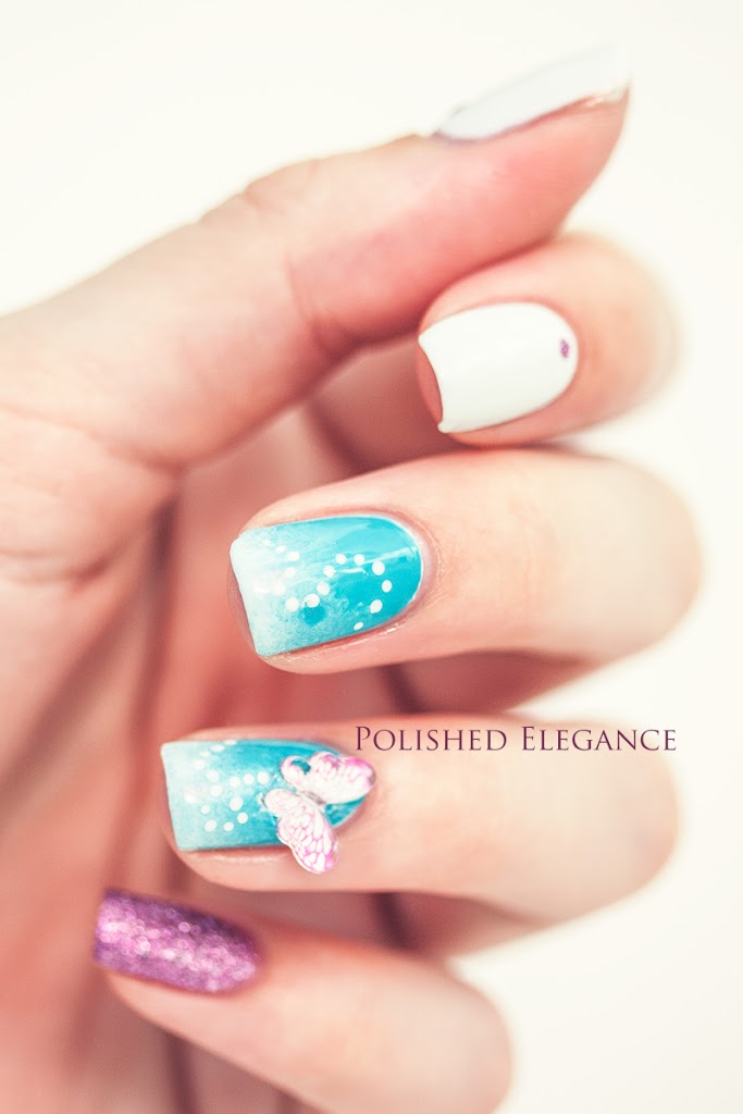 Blue And White Dots Design And Accent 3D Butterfly Nail Art Idea