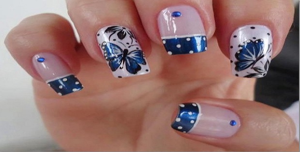 Blue And White Dots Tip Nails With Butterfly Nail Art