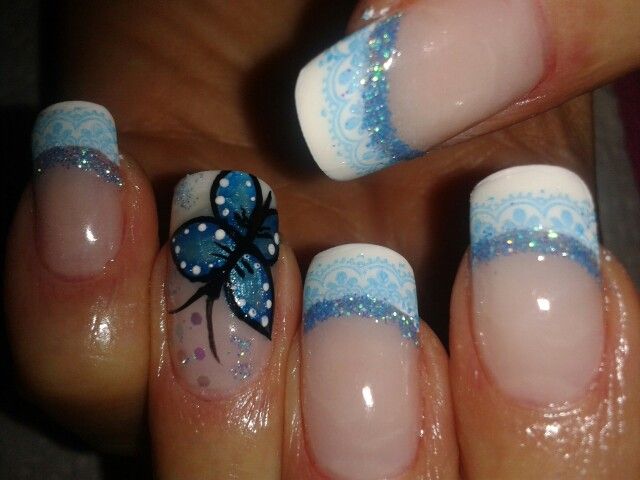 Blue And White Lace Tip Design With Accent Butterfly Nail Art