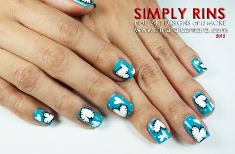 Blue And White Stitched Heart Nail Art