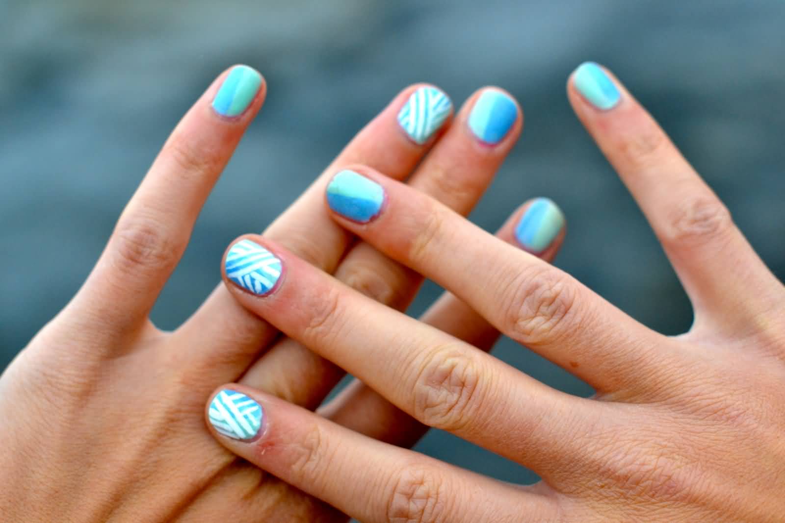 Blue And White Stripes Pattern Nails Design