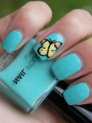 Blue Base Nails With Accent Butterfly Nail Art