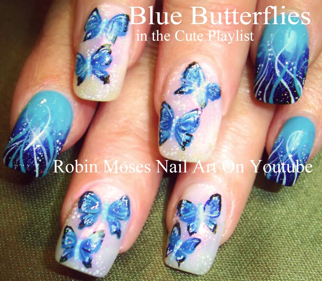 Blue Butterflies Nail Art Design Idea