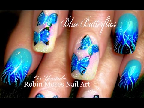 Blue Butterflies Nail Art