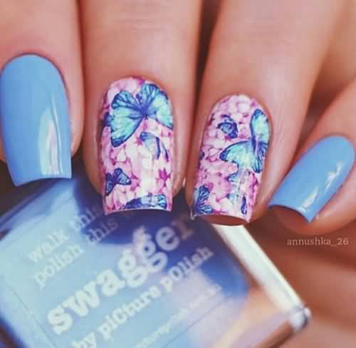 Blue Butterflies With Pink Nails Design Idea