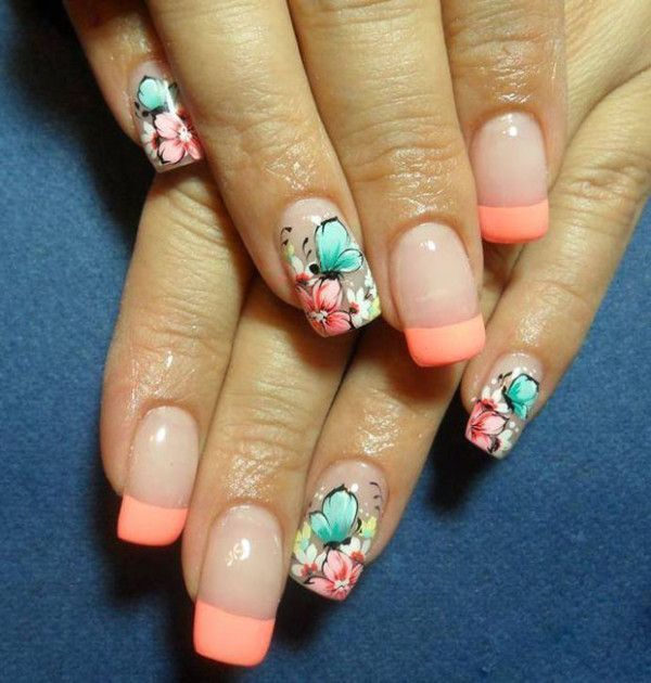Blue Butterfly Nail Art With Pastel Flowers Design Idea
