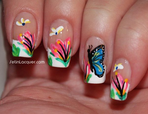 Blue Butterfly Nail Art With Pink Flowers Design Idea
