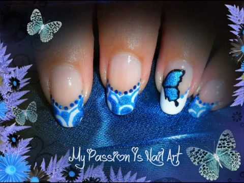 Blue Butterfly Nail Art With White Tip Design Idea
