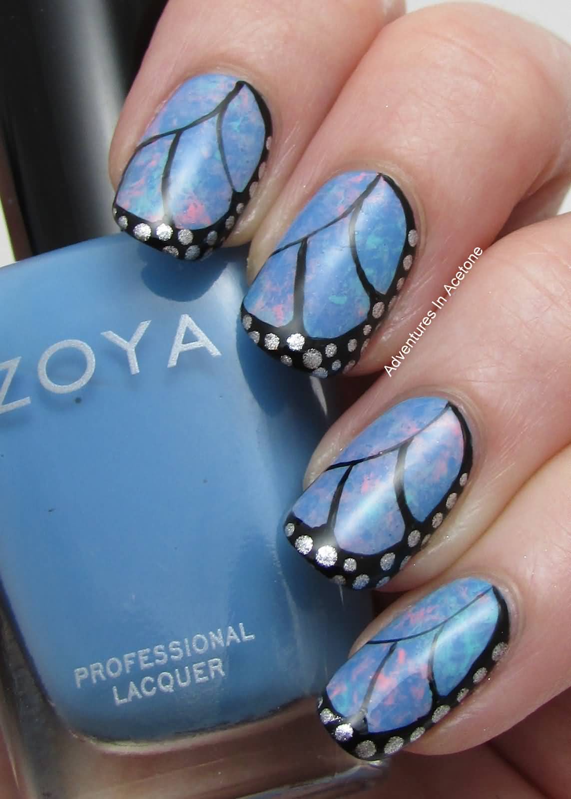 Blue Butterfly Wings Nail Art With Silver Polka Dots Design