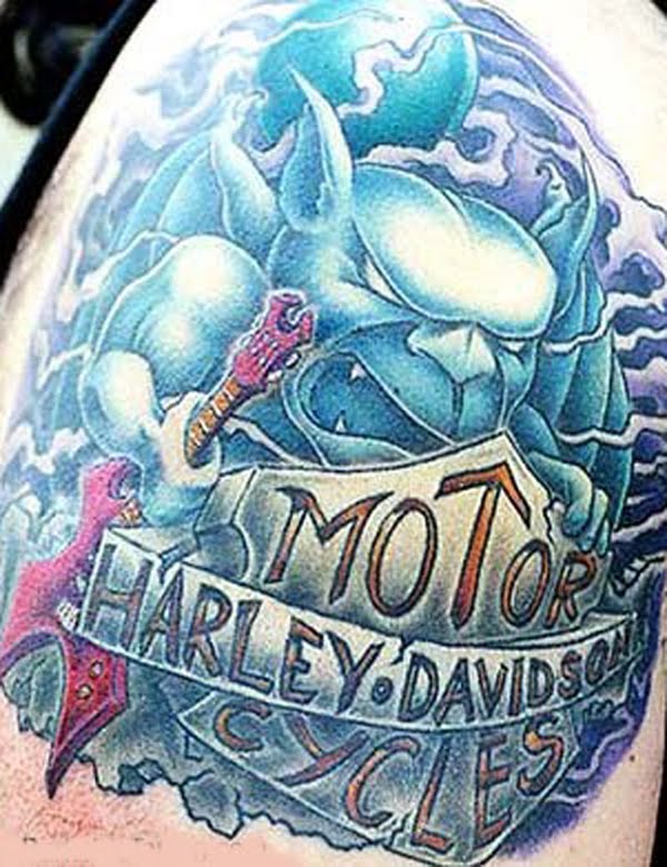 Blue Devil With Harley Davidson Logo Tattoo