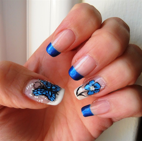 Blue French Tip With Butterfly Nail Art Design Idea