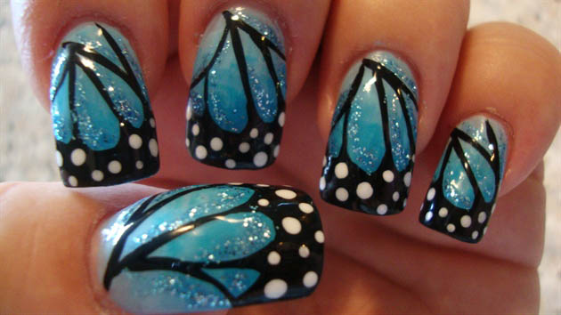 Blue Glitter Butterfly Wings Nail Art