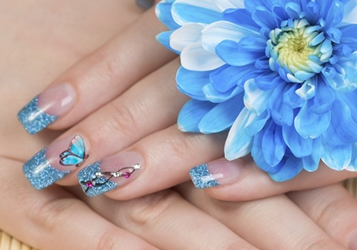 Blue Glitter Gel With Butterfly Nail Art