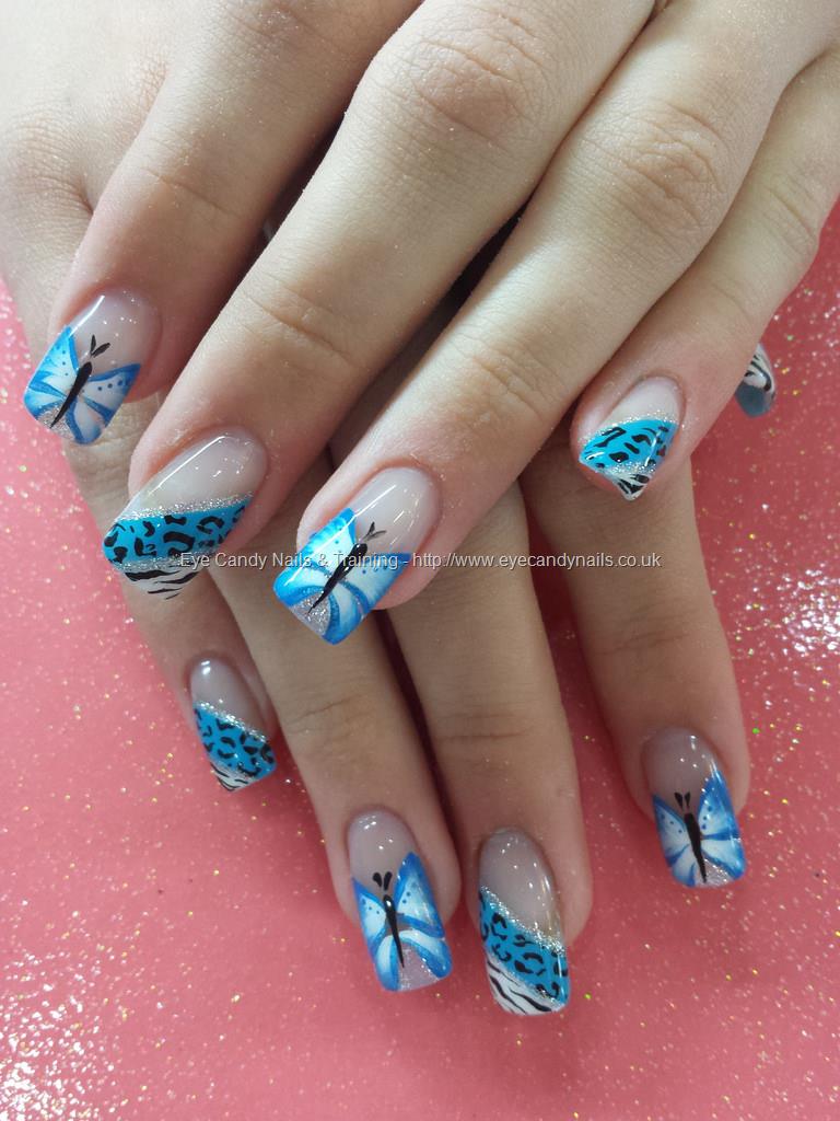 Blue Leopard Print And Butterfly Nail Art Design Idea