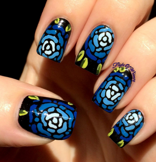 Blue Mosaic Rose Flower Nail Art Design Idea