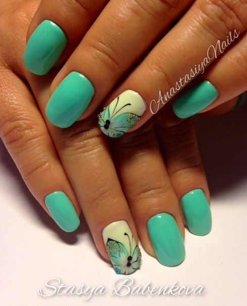 Blue Nails With Accent Butterflies Nail Art Idea