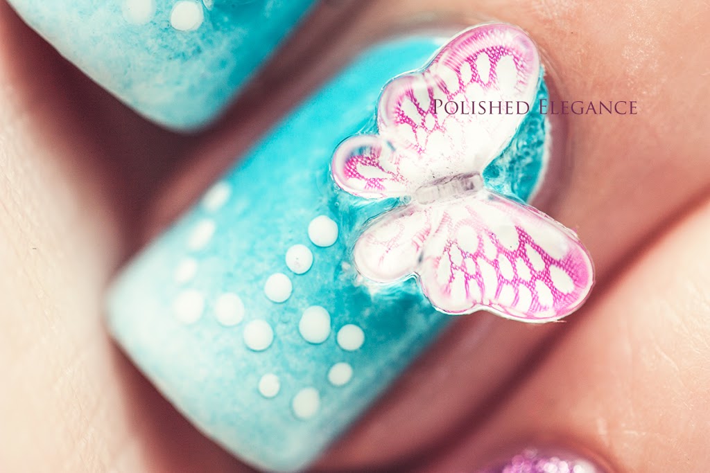 Blue Nails With Pink 3D Butterfly Nail Art