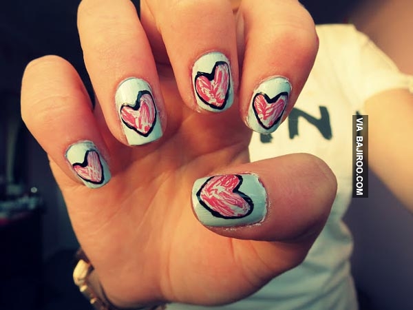 Blue Nails With Pink Freehand Heart Nail Art Design