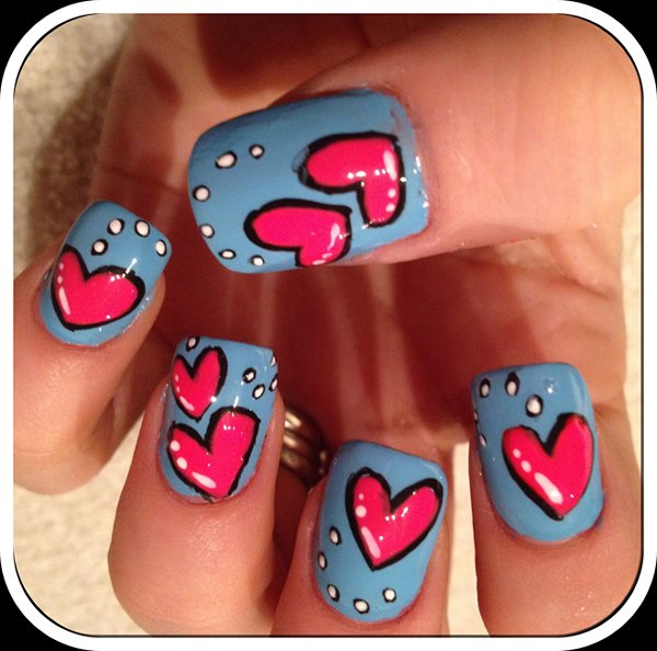 Blue Nails With Pink Hearts Nail Art Idea