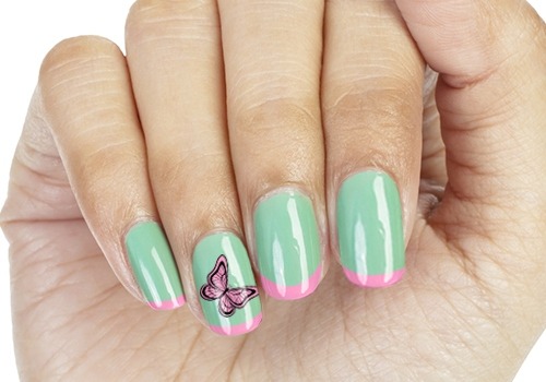 Blue Nails With Pink Tip And Accent Butterfly Nail Art