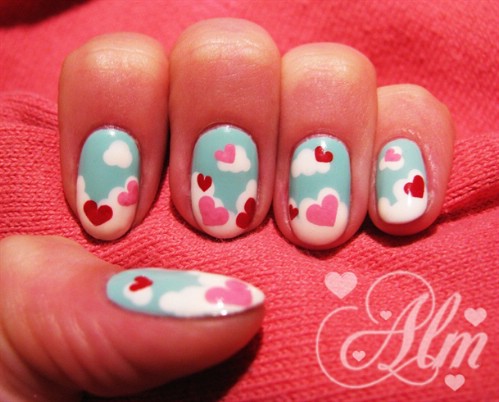 Blue Nails With White Clouds And Pink And Red Hearts Nail Art Design Idea