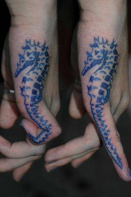 Blue Sea Creature Seahorse Matching Tattoos On Fingers