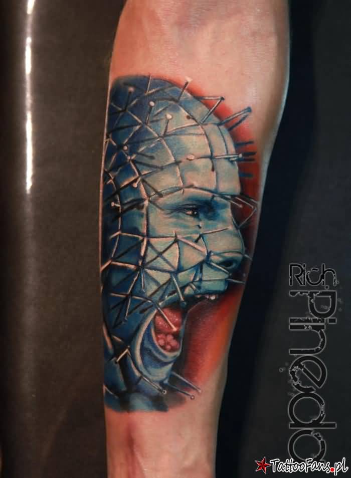 Blue Shouting Pinhead Tattoo On Forearm By Rich Pineda