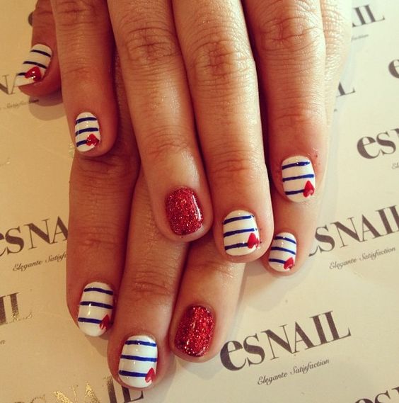 Blue Stripes And Red Hearts Nail Art Idea