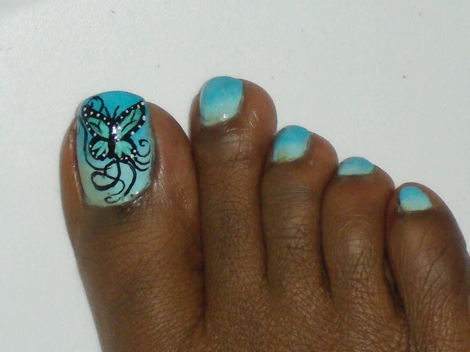 Blue Toe Nails With Black Butterfly Nail Art