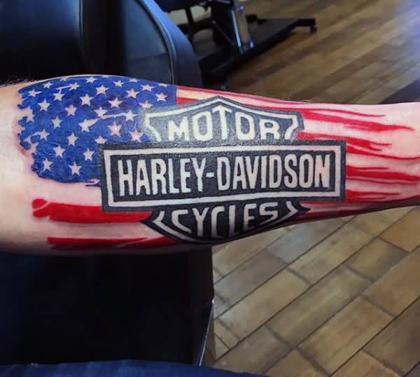 Brilliant American Flag And Harley Davidson Logo Tattoo On Forearm