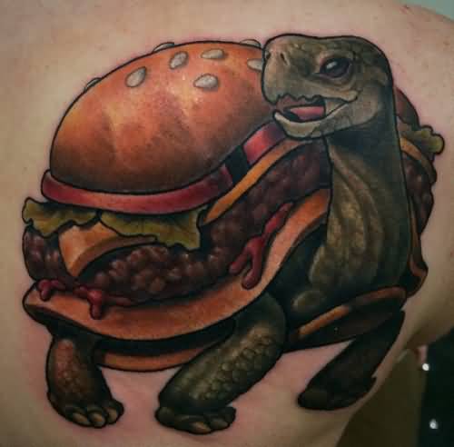 Brilliant Burger Shell On Tortoise Back Tattoo
