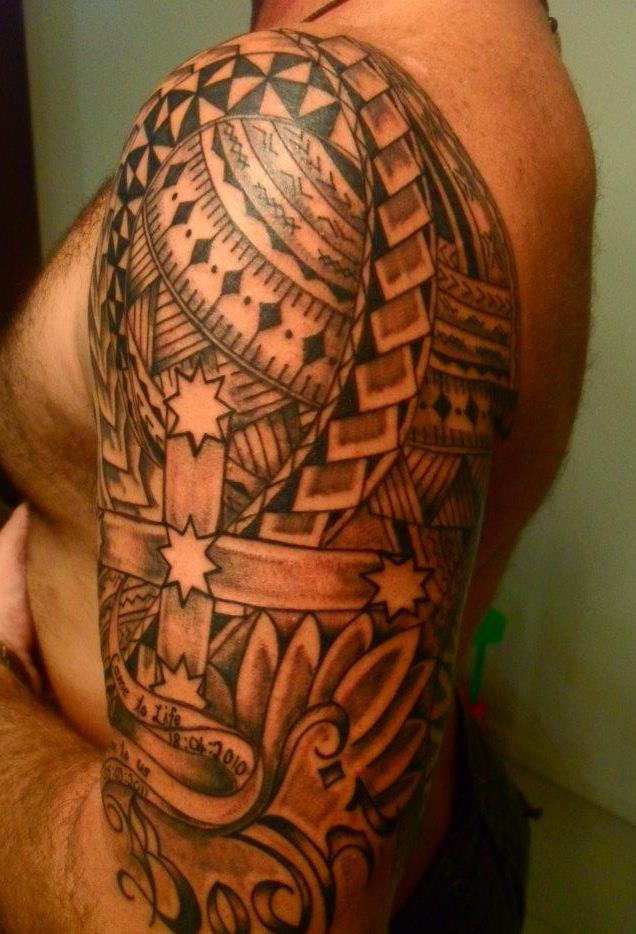 Brilliant Cross Five Stars Samoan Tattoo On Left Half Sleeve