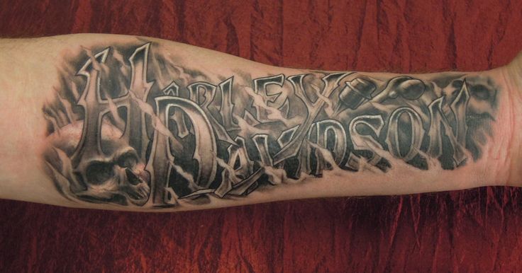 Brilliant Grey Harley Davidson Words Tattoo On Forearm