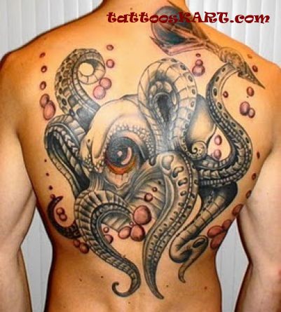 Brilliant Octopus And Bubbles Tattoo On Back