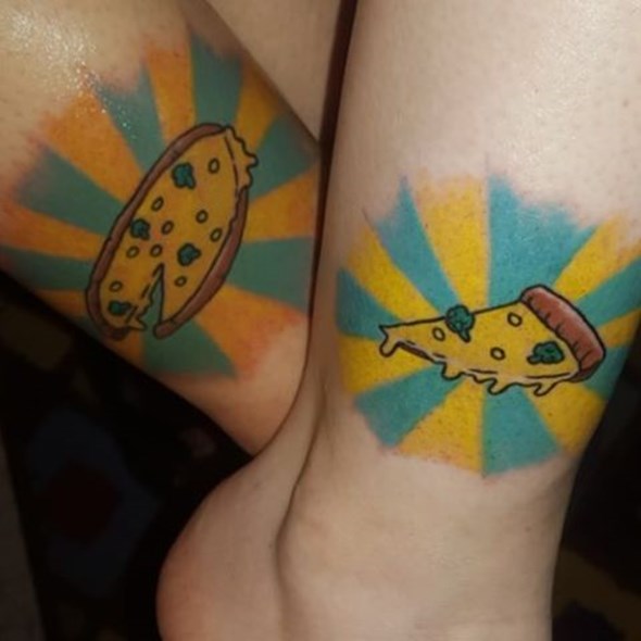 Brother And Sister Pizza Matching Tattoos On Ankle