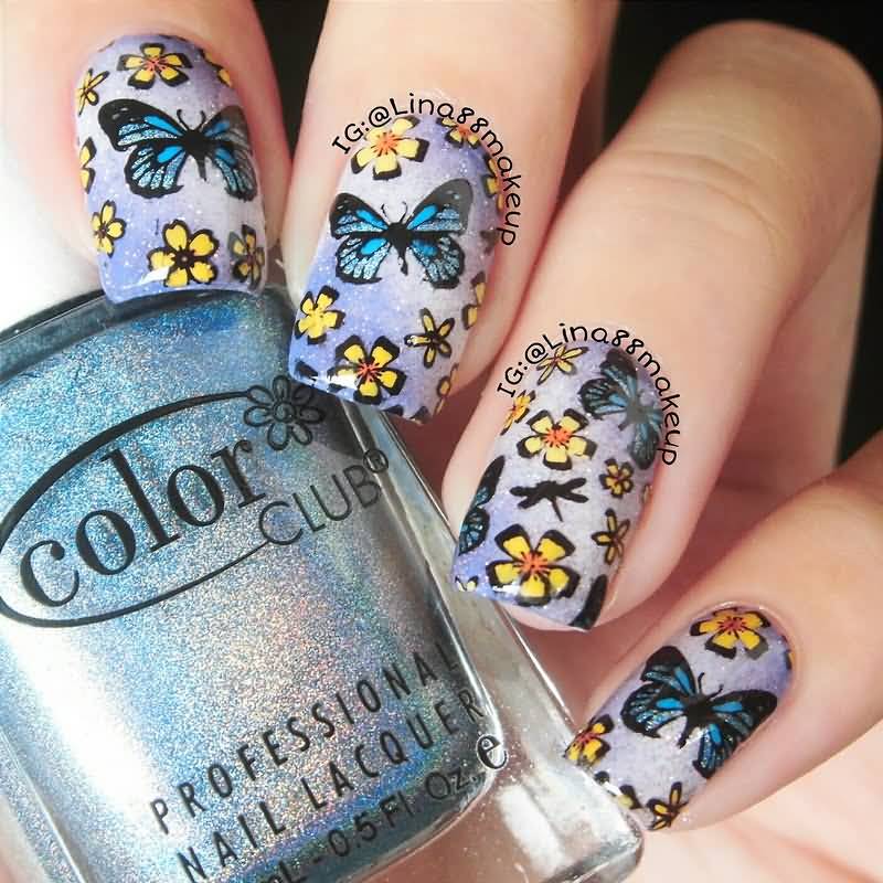 Butterflies And Flowers Stamping  Nail Art Design