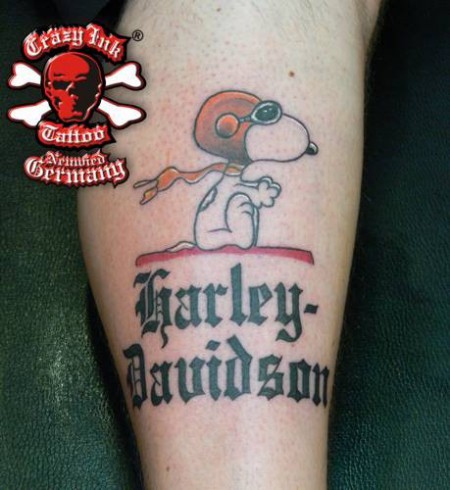Cartoon Dog And Harley Davidson Words Tattoo