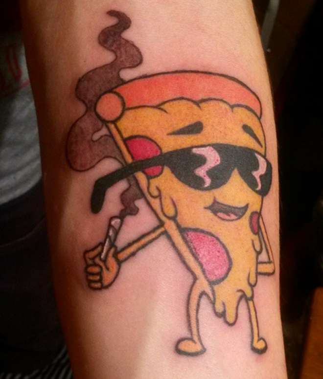 Cartoon Pizza Wearing Goggles Tattoo On Forearm