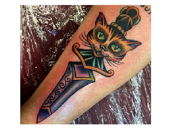 Cat Dagger Tattoo On Arm