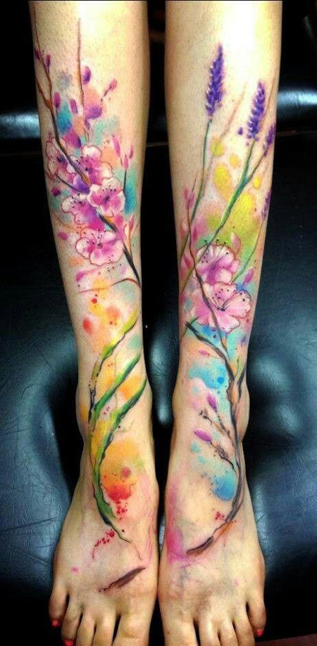 Cherry Blossom And Lavender Plant Watercolor Tattoo On Leg And Foot
