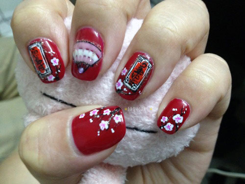 Chinese Symbol And Flower Nail Art Design Idea