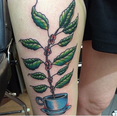 Coffee Plant Tattoo On Thigh