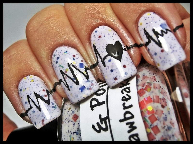 Color Splatter With Black Acrylic Heartbeat Nail Art