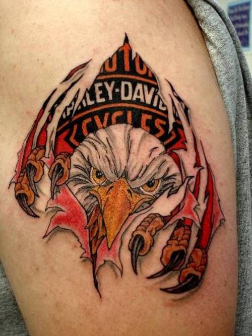 Colored Eagle Ripped Skin Harley Davidson Tattoo On Half Sleeve
