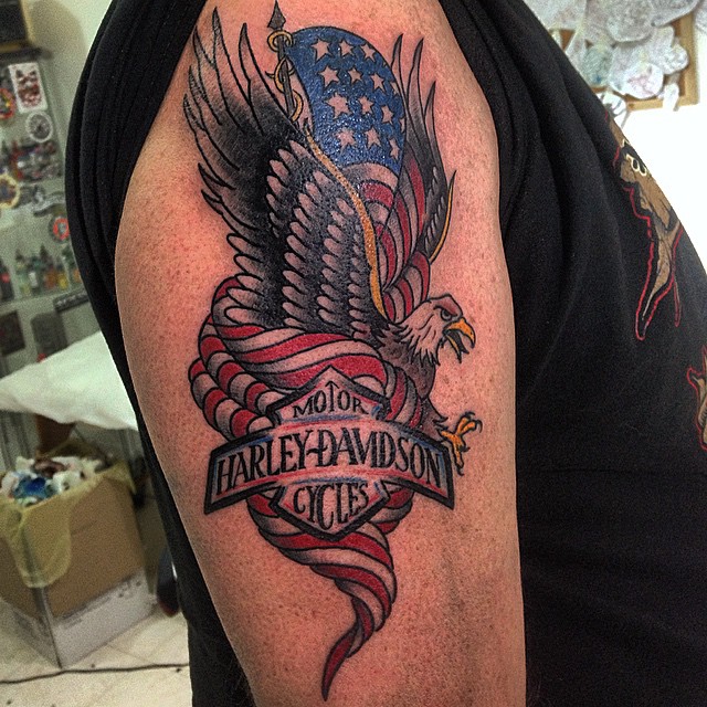 Colored Eagle With Flag Harley Davidson Tattoo On Right Half Sleeve
