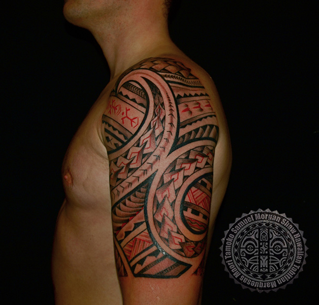 Colored Samoan Tattoo On  Left Half Sleeve For Men By Samuel Shaw