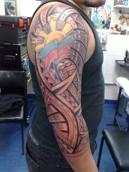 Colored Samoan Tribal Tattoo On Right Sleeve
