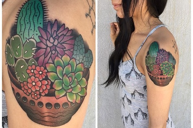 Colorful Cactus Plant In Pot Tattoo On Left Shoulder