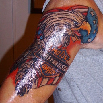 Colorful Eagle And Harley Bike Logo Tattoo On Right Half Sleeve